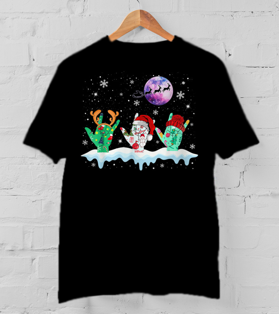 Sign Language Christmas Reindeer Santa Moon Snowflakes T-Shirt