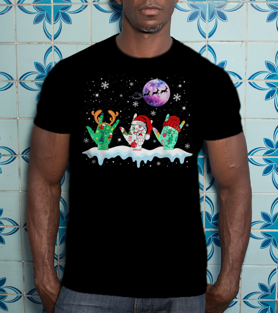 Sign Language Christmas Reindeer Santa Moon Snowflakes T-Shirt