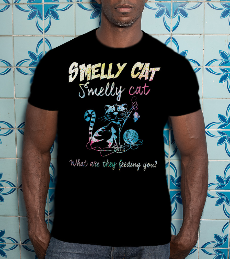 Smelly Cat Smelly Cat What Are They Feeding You Colorful Cat And Yarn T-Shirt
