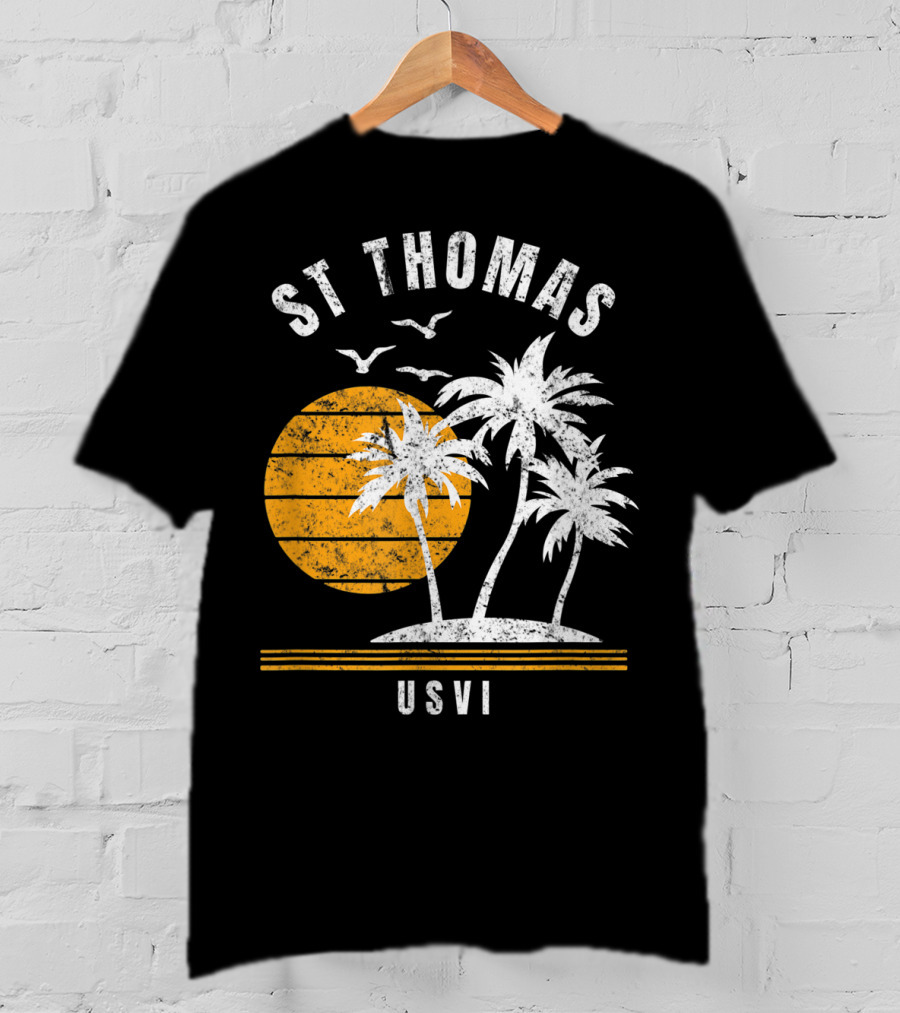 St Thomas USVI Caribbean Sunset With Palm Trees And Birds T-Shirt