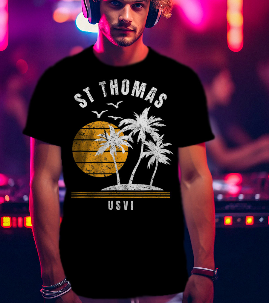 St Thomas USVI Caribbean Sunset With Palm Trees And Birds T-Shirt