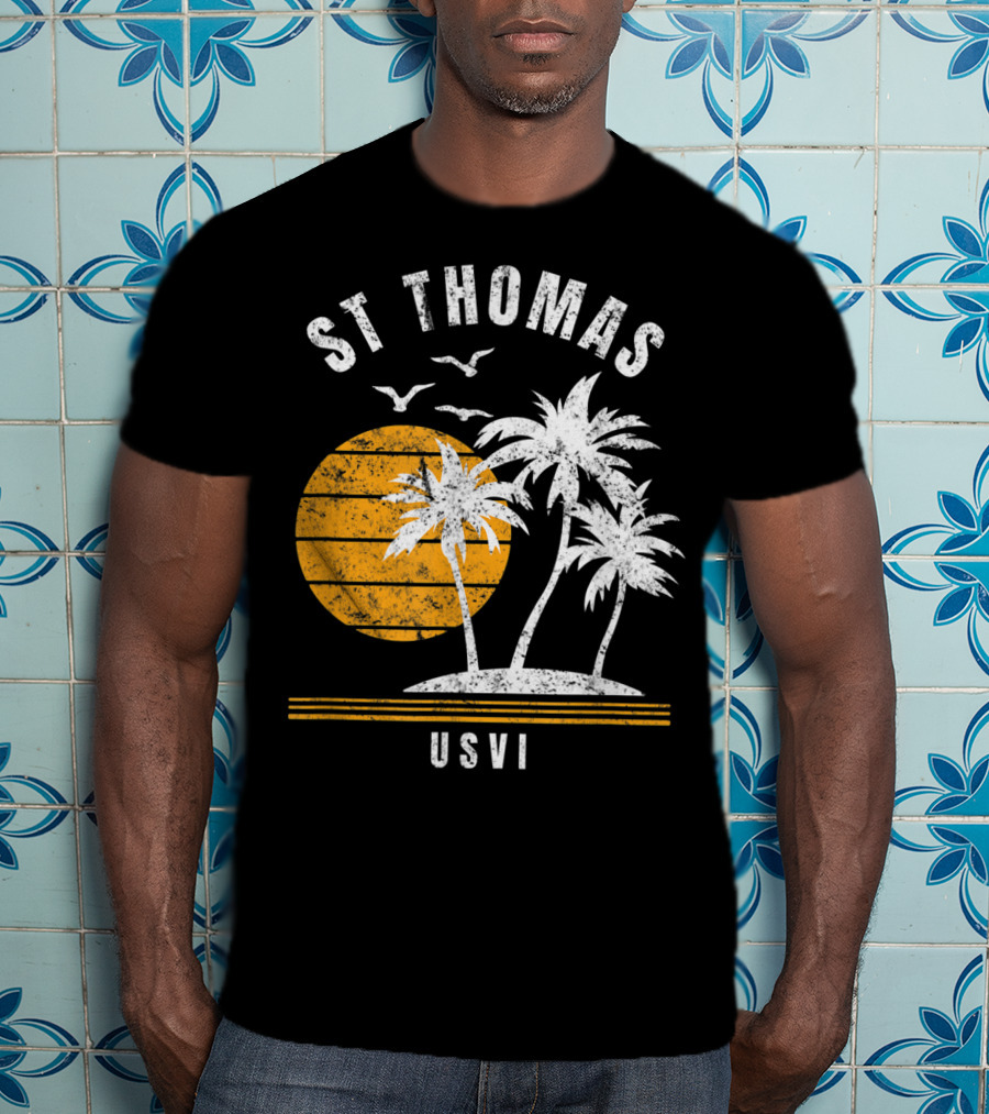 St Thomas USVI Caribbean Sunset With Palm Trees And Birds T-Shirt