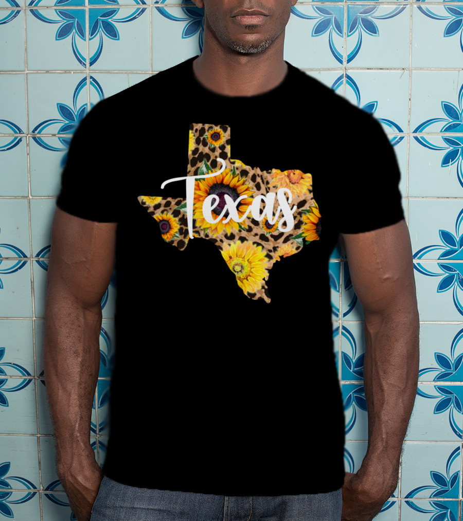 Texas Sunflower Leopard Print Wildflower State Map T-Shirt