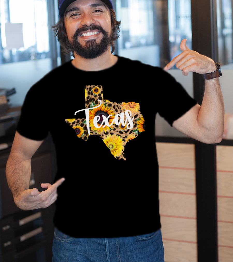 Texas Sunflower Leopard Print Wildflower State Map T-Shirt