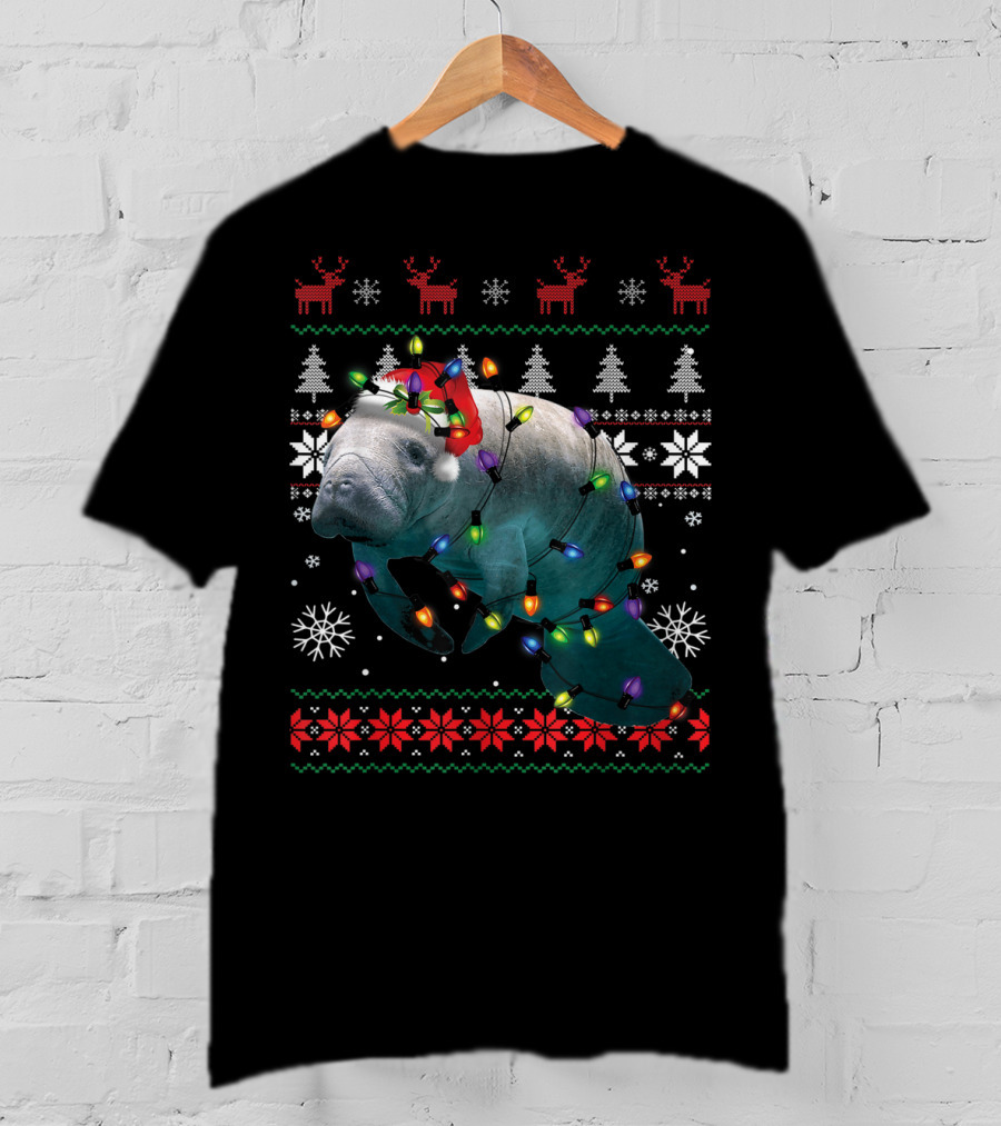 Ugly Christmas Manatee Santa Funny Mana Lover Holiday Lights T-Shirt
