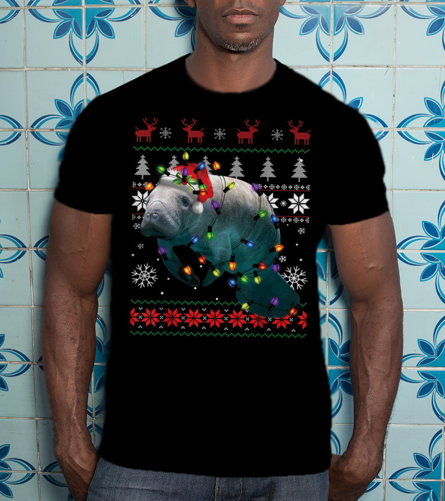Ugly Christmas Manatee Santa Funny Mana Lover Holiday Lights T-Shirt