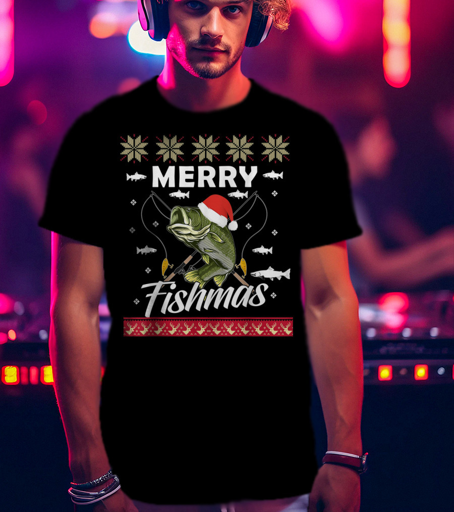 Ugly Christmas Sweater Merry Fishmas Fishing Fisherman Holiday T-Shirt