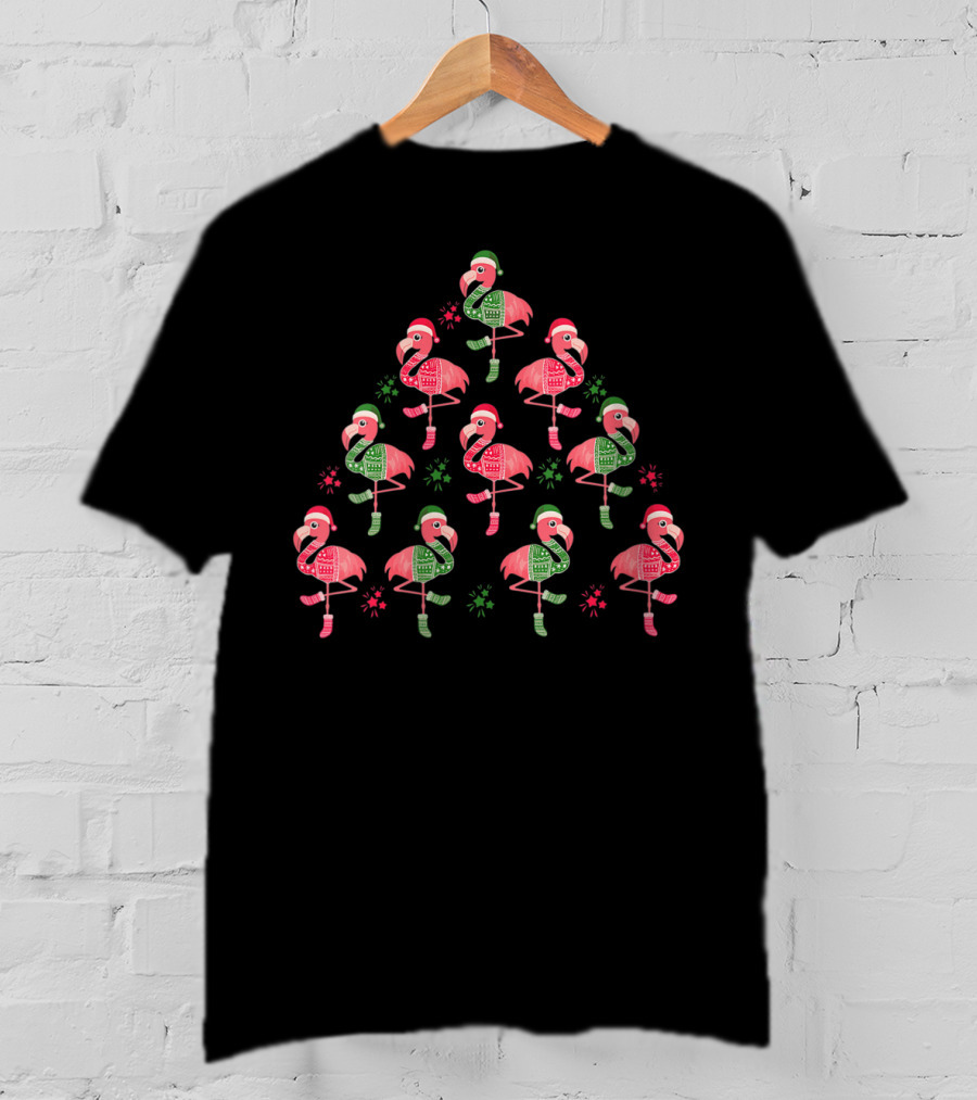 Flamingo Christmas Tree With Santa Hats And Holiday Sweaters T-Shirt