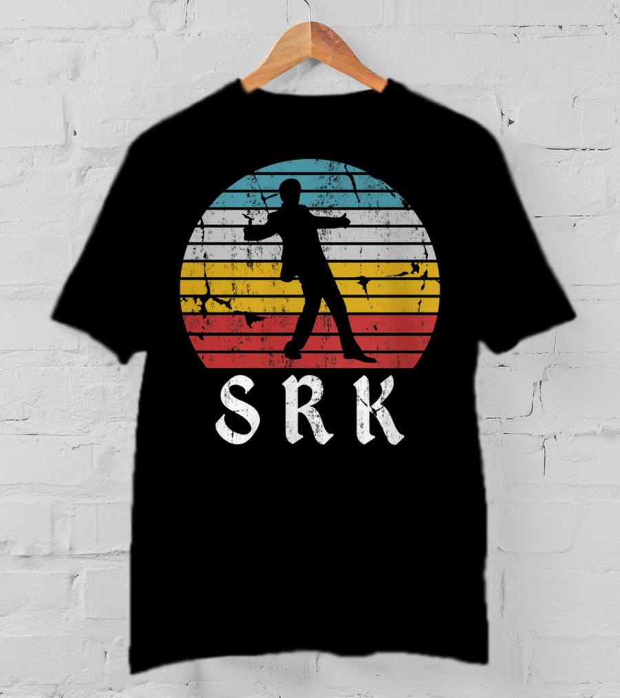 SRK Pose With Retro India Silhouette And Stripes T-Shirt