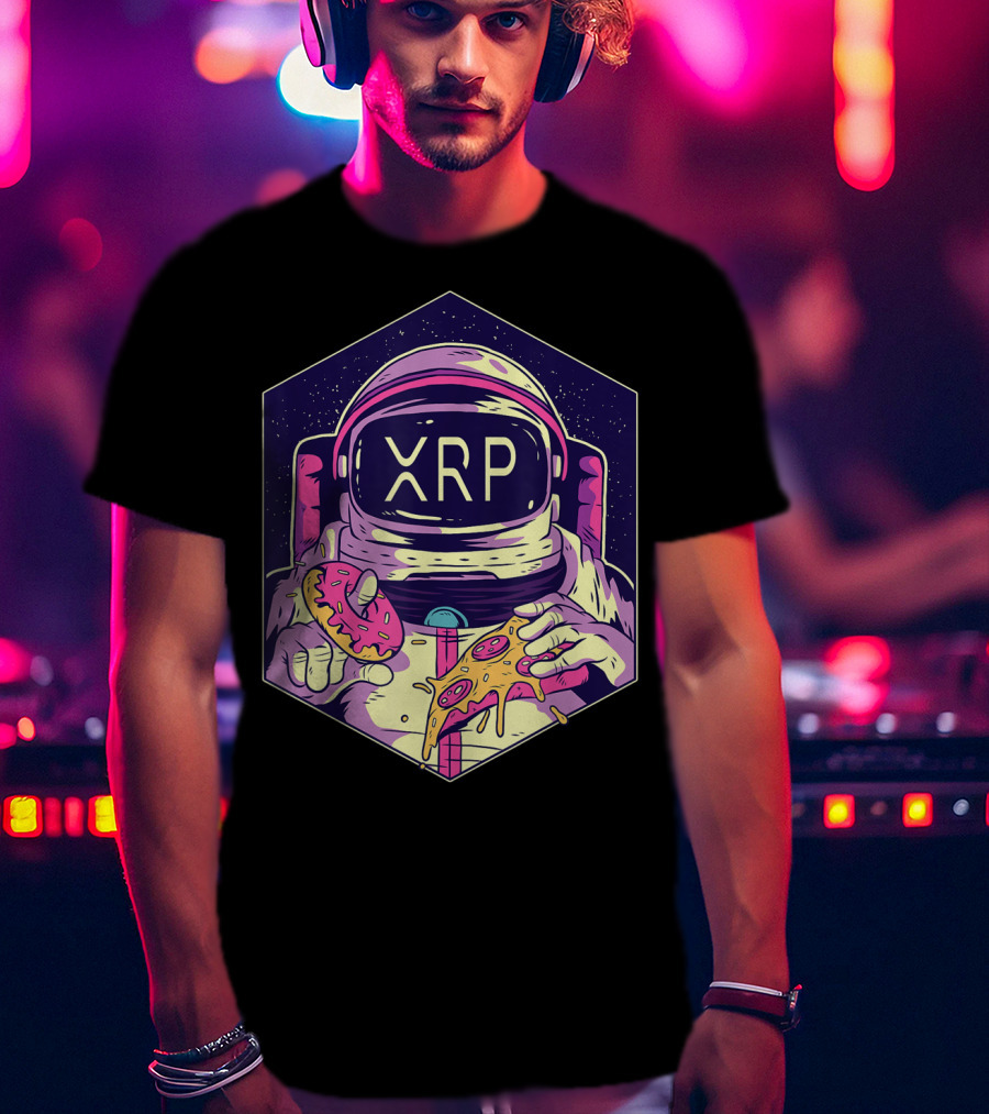 XRP Symbol Astronaut Eating Pizza And Donut Crypto Currency To The Moon T-Shirt