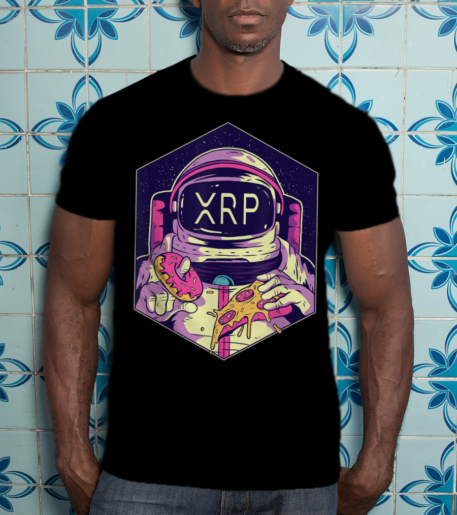 XRP Symbol Astronaut Eating Pizza And Donut Crypto Currency To The Moon T-Shirt