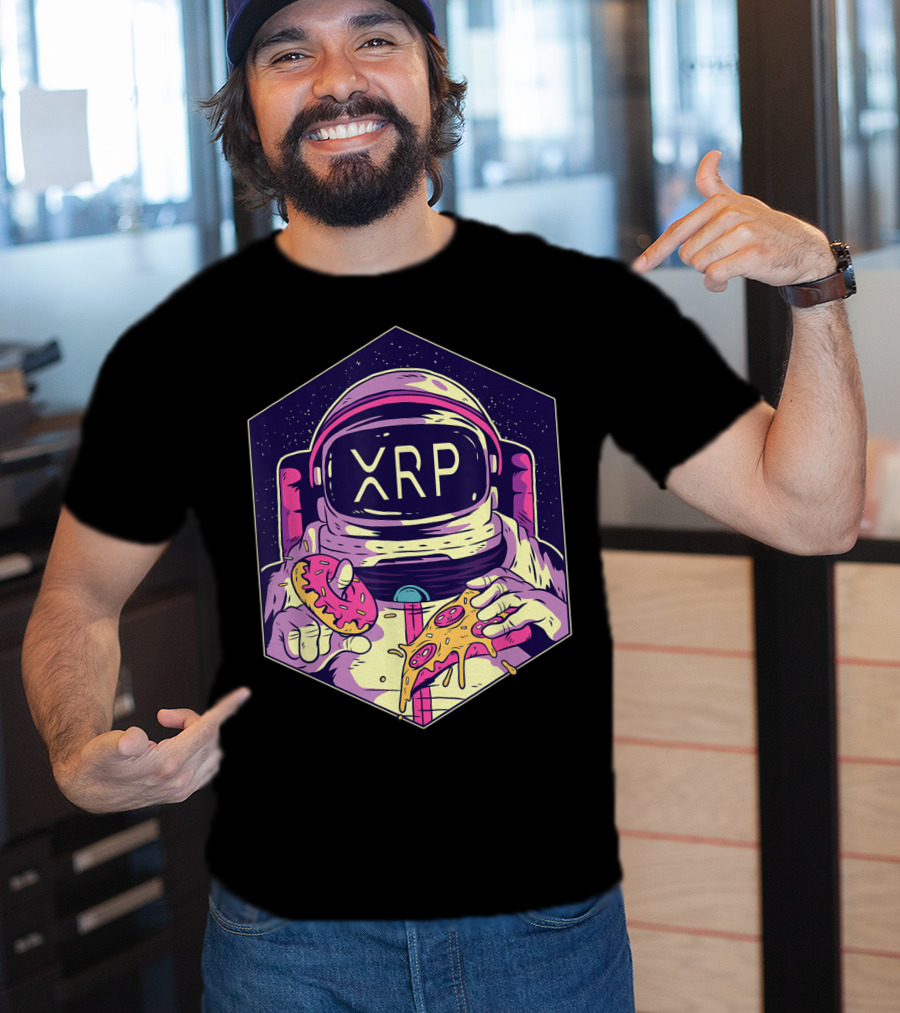 XRP Symbol Astronaut Eating Pizza And Donut Crypto Currency To The Moon T-Shirt