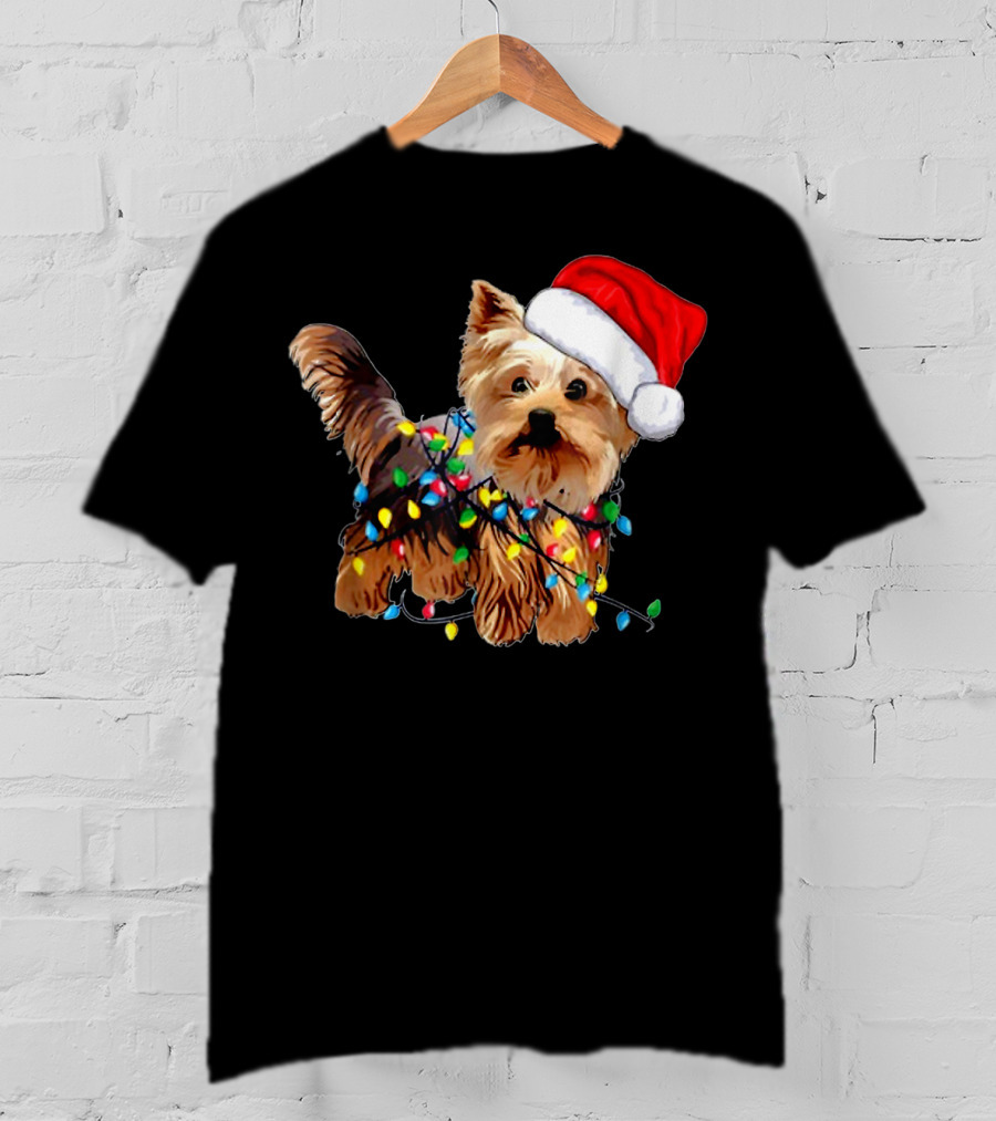 Yorkie Christmas Lights Santa Hat T-Shirt