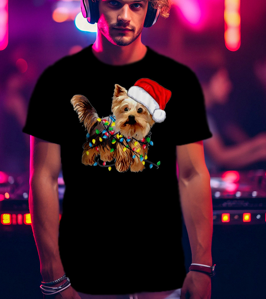Yorkie Christmas Lights Santa Hat T-Shirt