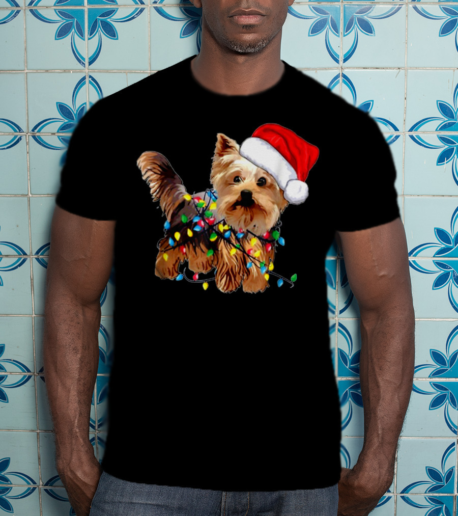 Yorkie Christmas Lights Santa Hat T-Shirt