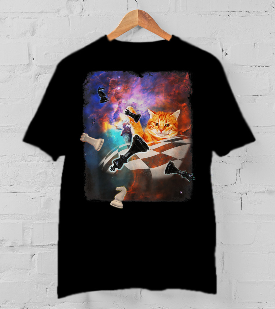 Chess Cat Floating Between Stars And Nebula With Chess Pieces T-Shirt