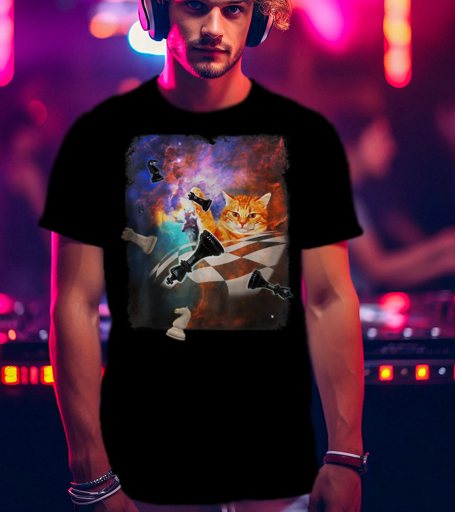 Chess Cat Floating Between Stars And Nebula With Chess Pieces T-Shirt