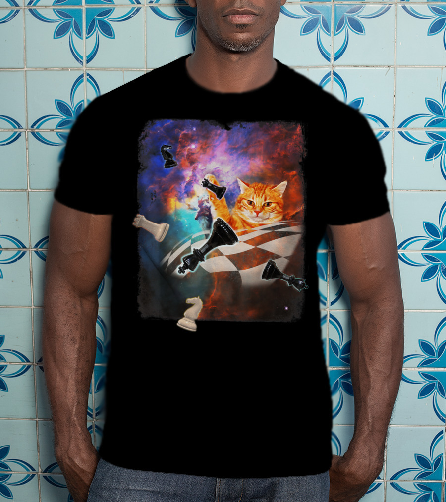 Chess Cat Floating Between Stars And Nebula With Chess Pieces T-Shirt