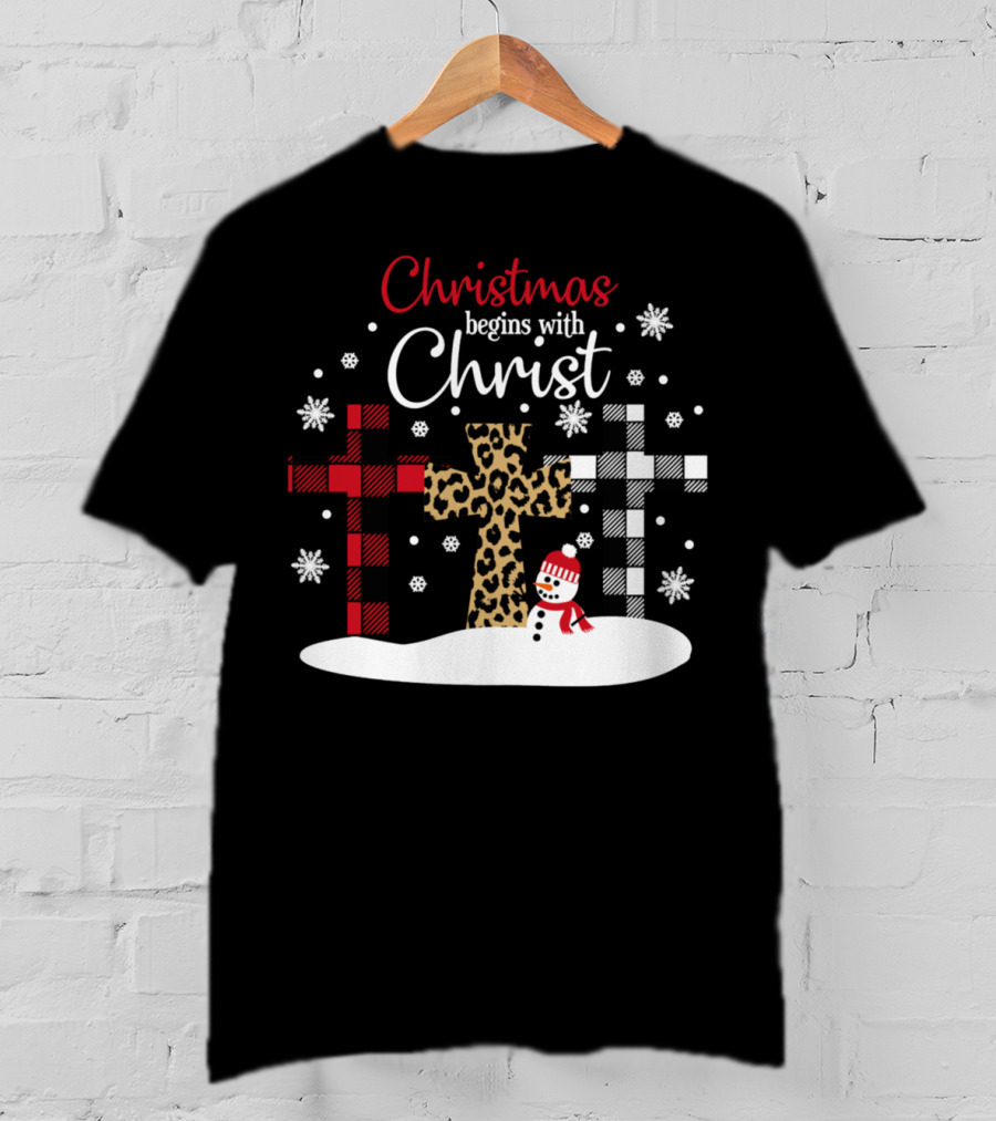 Christmas Begins With Christ Snowman And Patterned Crosses T-Shirt