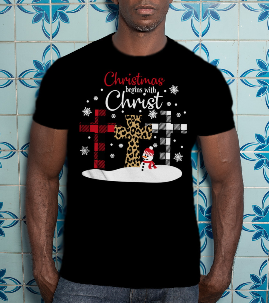 Christmas Begins With Christ Snowman And Patterned Crosses T-Shirt