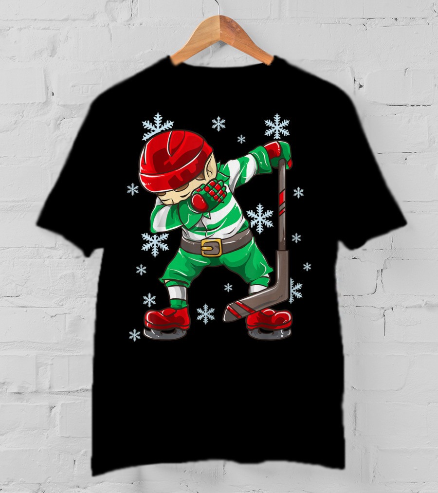 Christmas Elf Dabbing Ice Hockey Snowflake Squad T-Shirt