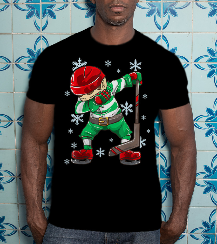 Christmas Elf Dabbing Ice Hockey Snowflake Squad T-Shirt