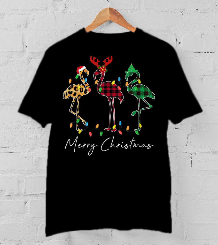 Merry Christmas Flamingo Santa Hat Reindeer Horns Xmas Light T-Shirt