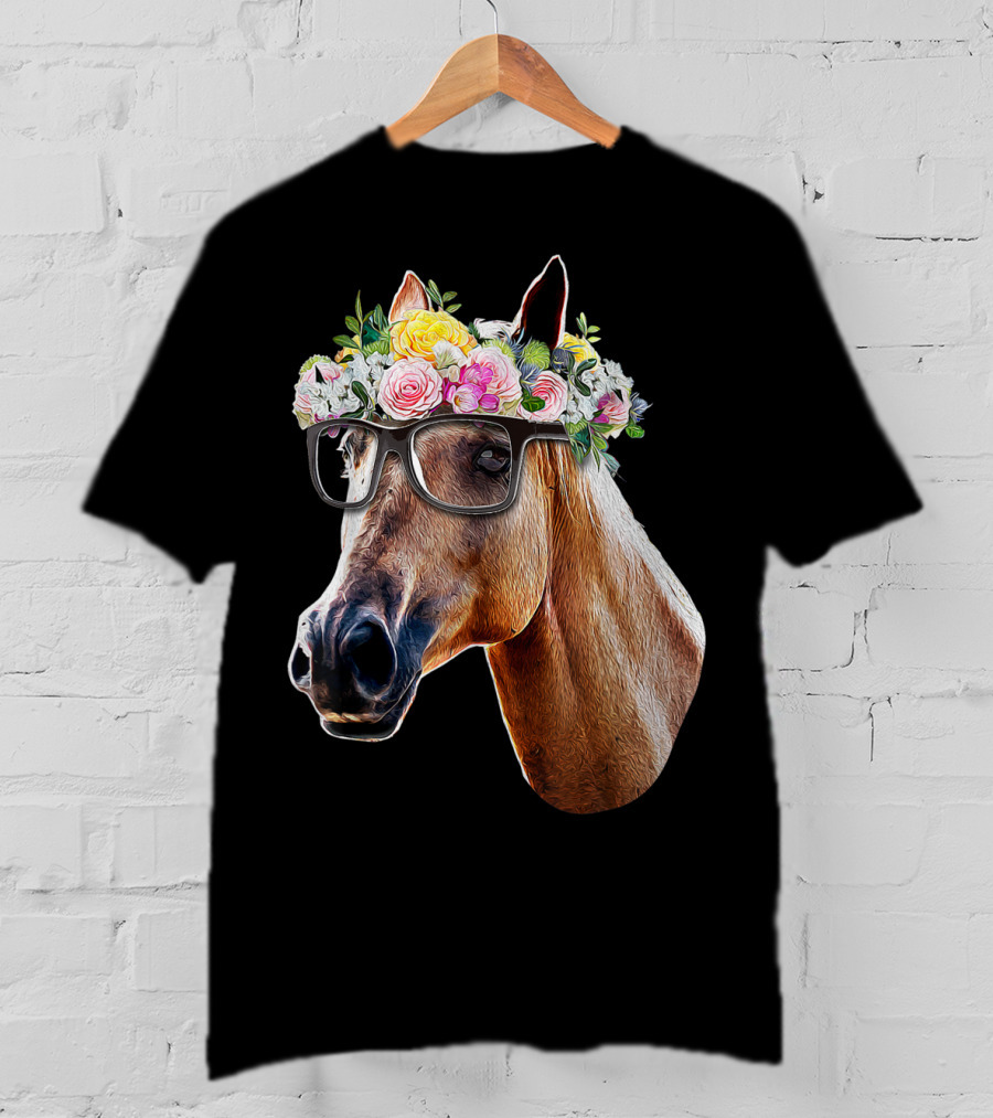 Floral Horse With Glasses Equestrian Farm Riding T-Shirt
