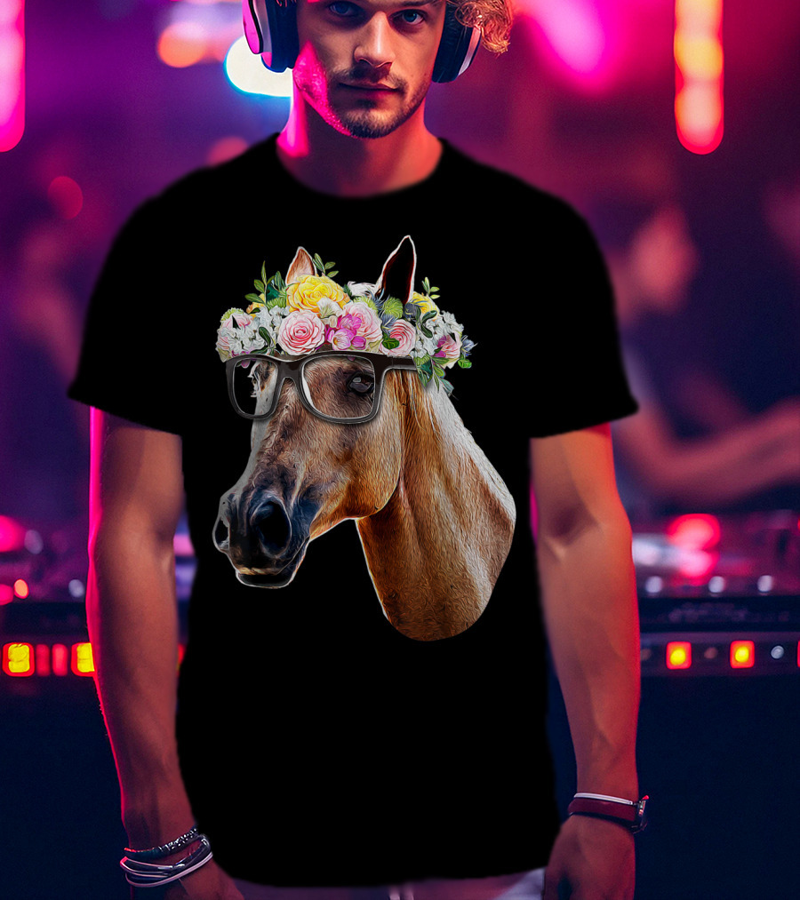 Floral Horse With Glasses Equestrian Farm Riding T-Shirt