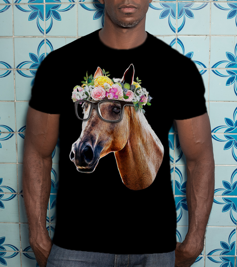 Floral Horse With Glasses Equestrian Farm Riding T-Shirt