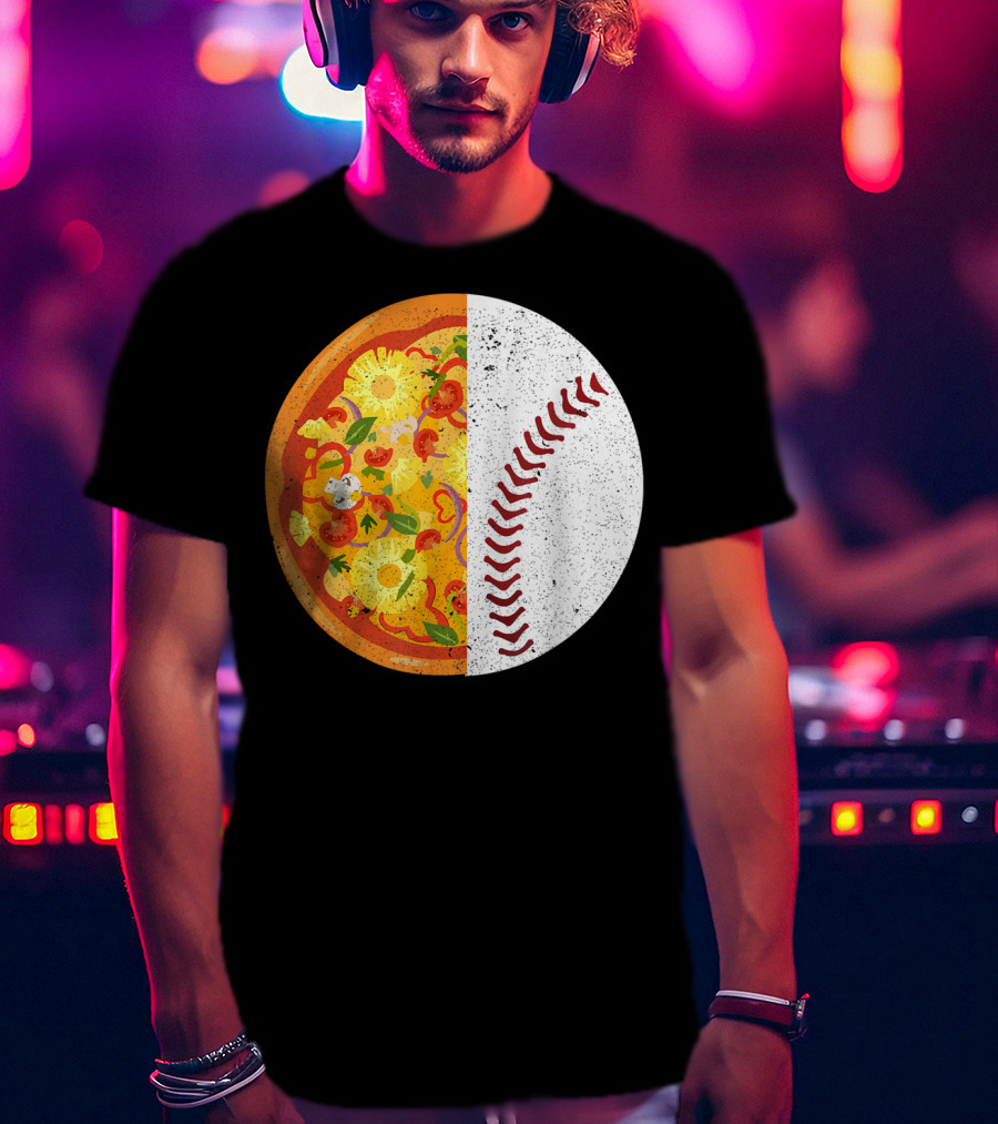 Funny Baseball Lover Eat Pizza Half Sport Pizza Baseball T-Shirt