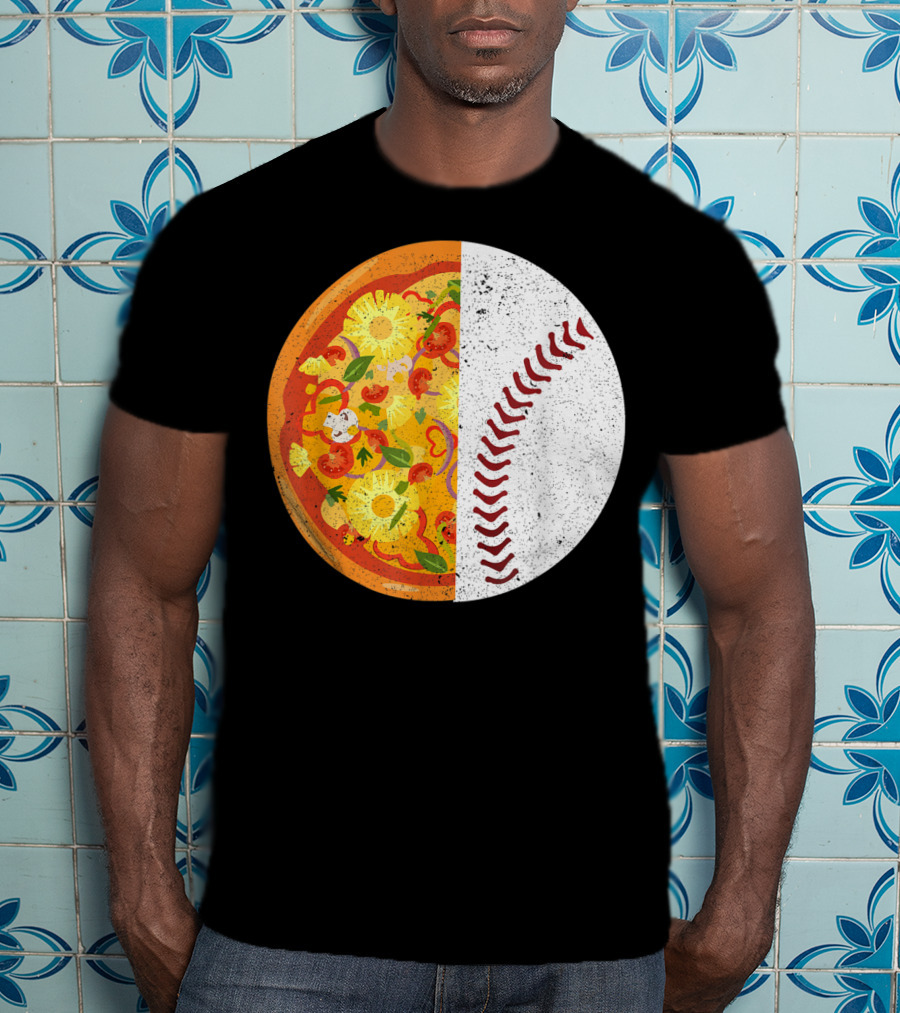 Funny Baseball Lover Eat Pizza Half Sport Pizza Baseball T-Shirt