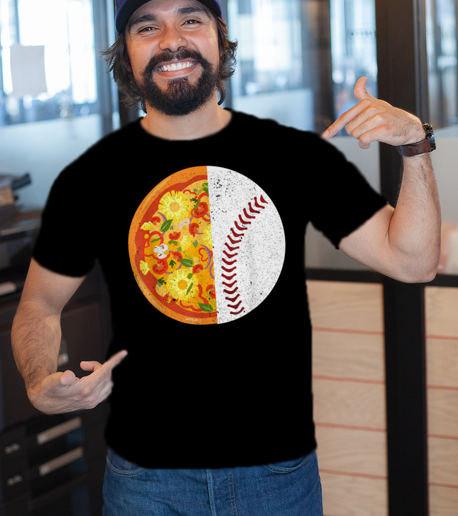 Funny Baseball Lover Eat Pizza Half Sport Pizza Baseball T-Shirt
