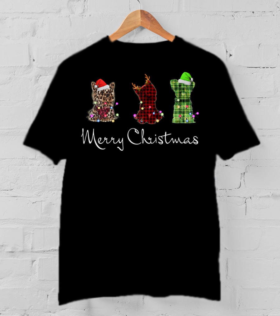 Merry Christmas Three Yorkshire Terriers Leopard Red Green Checkered T-Shirt