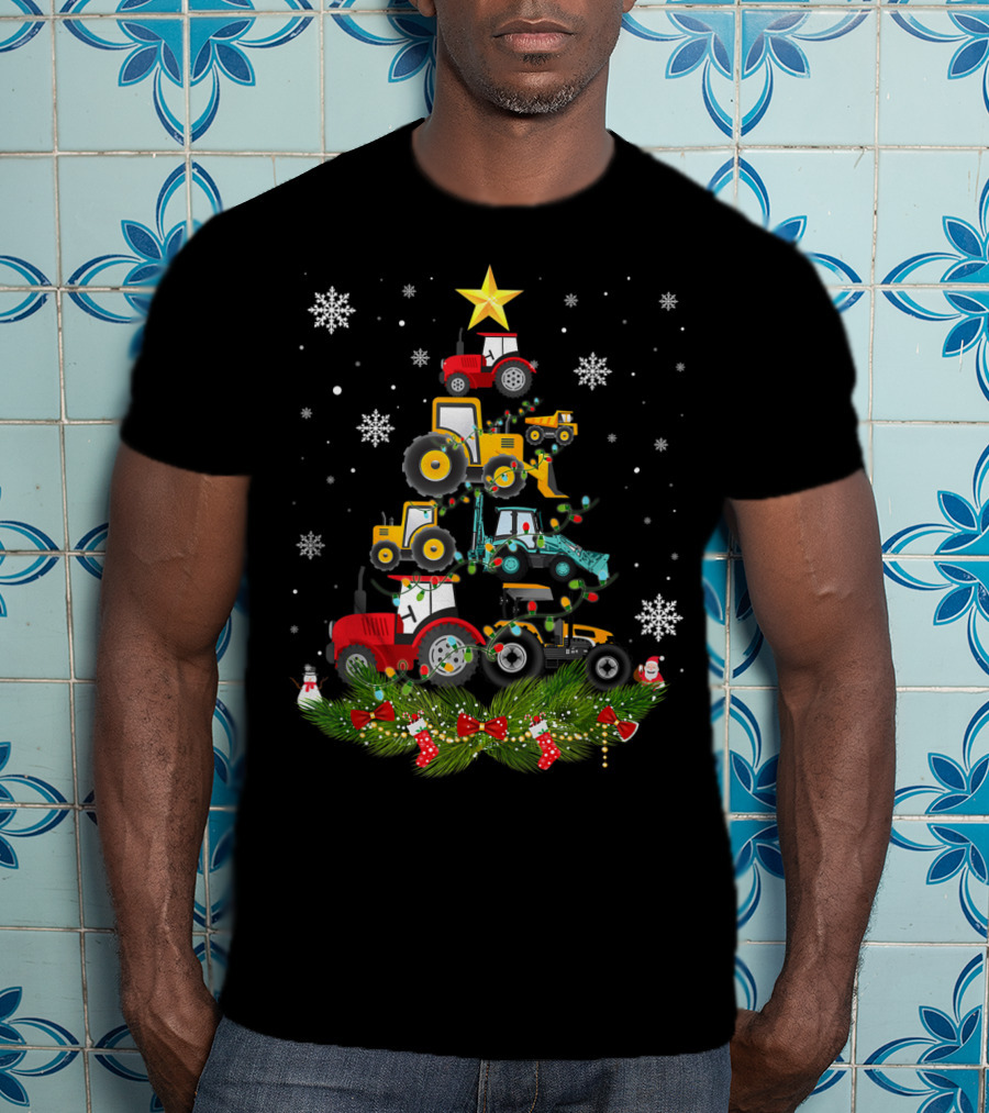 Tractor Christmas Tree Holiday Snowflakes Garland Star T-Shirt