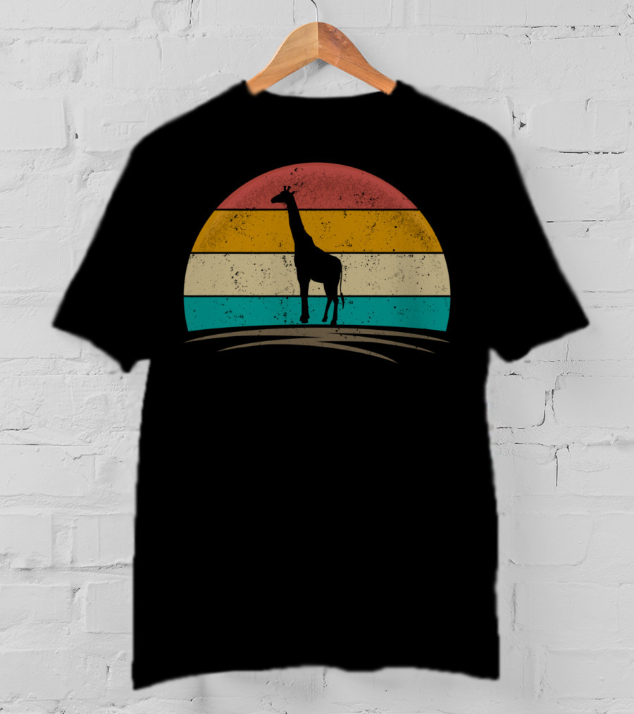 Vintage Giraffe Distressed Sunset Silhouette Giraffe Stripe Retro T-Shirt