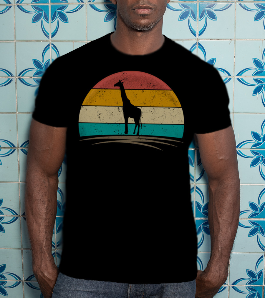 Vintage Giraffe Distressed Sunset Silhouette Giraffe Stripe Retro T-Shirt