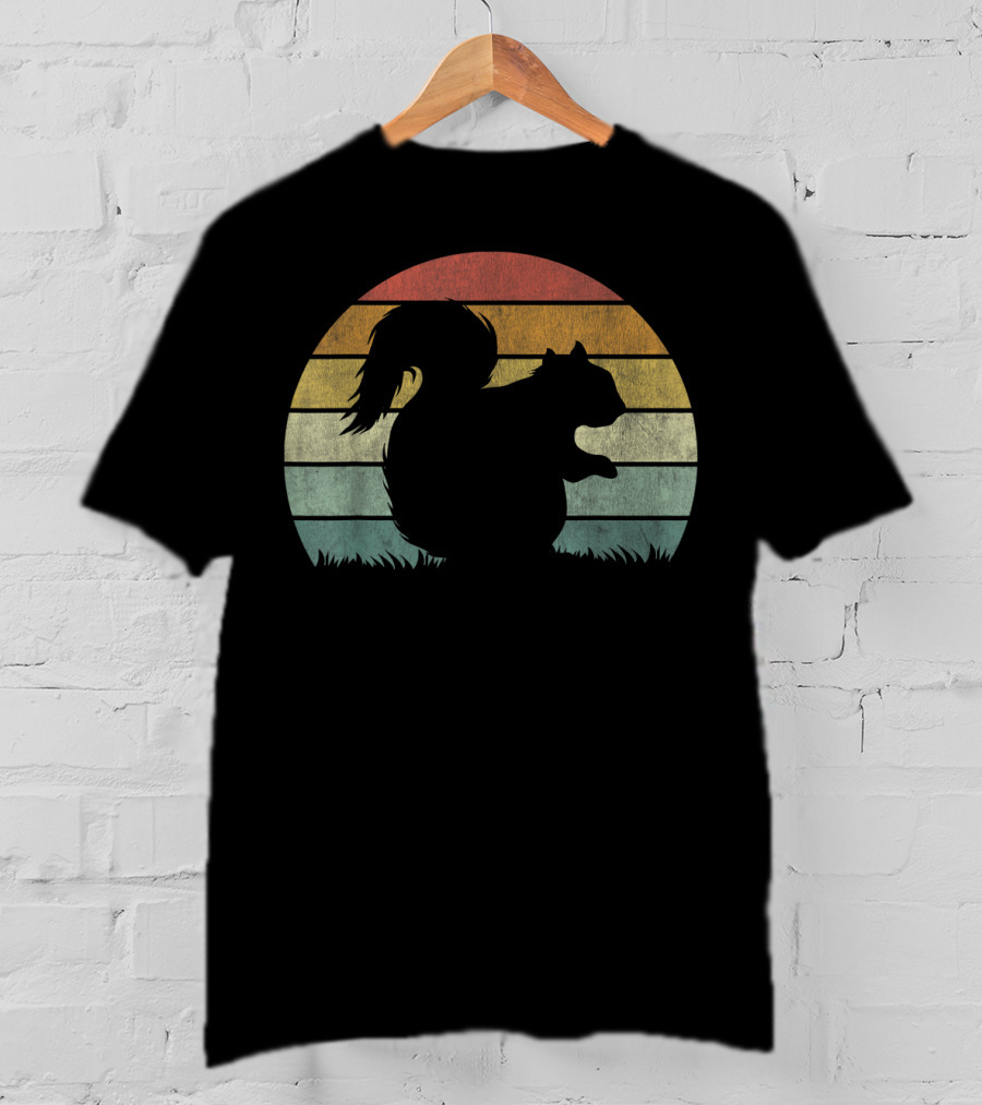 Vintage Sunset Squirrel Silhouette Stripes Retro Chestnut T-Shirt