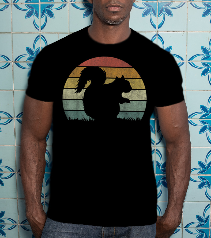 Vintage Sunset Squirrel Silhouette Stripes Retro Chestnut T-Shirt