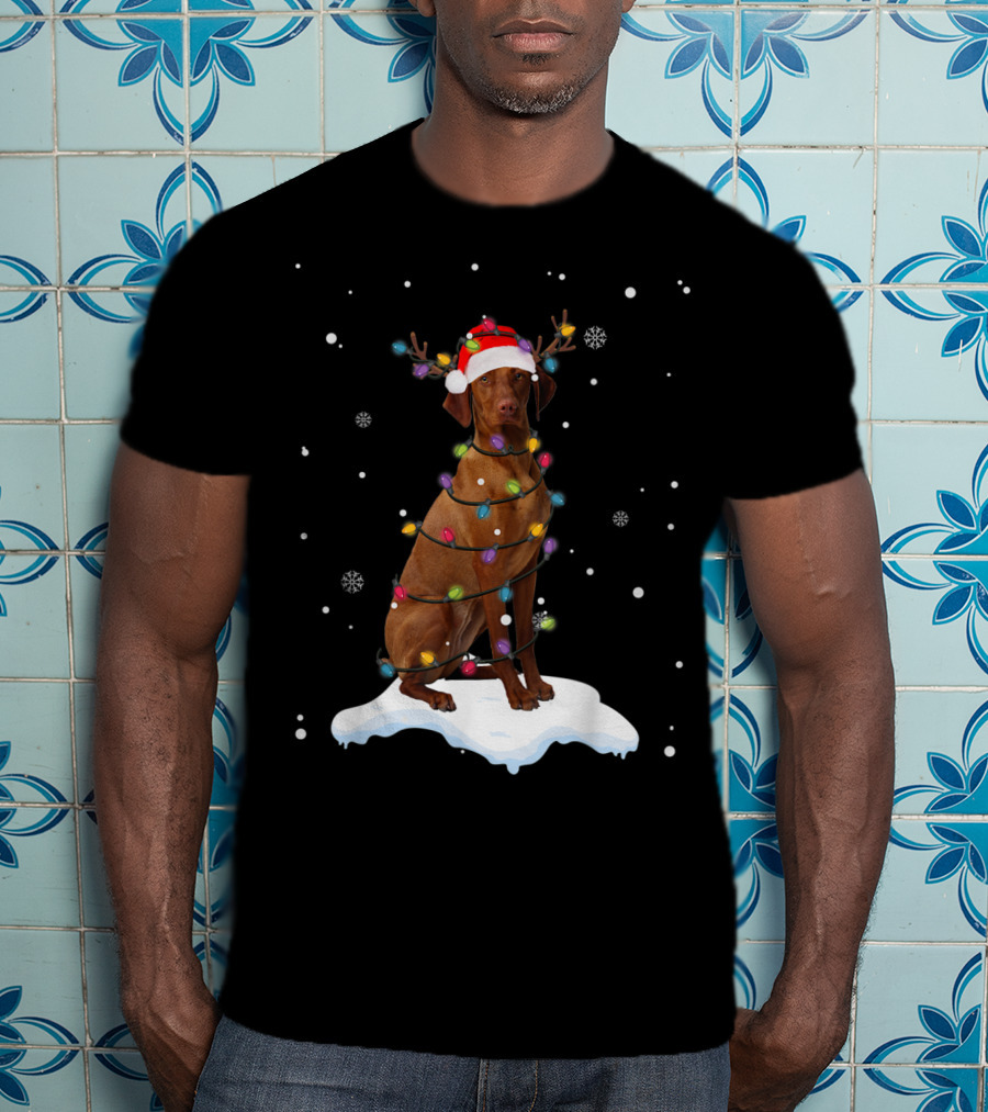 Vizsla Wrapped In Christmas Lights With Santa Hat And Antlers In Snow T-Shirt