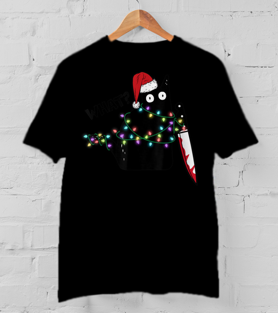 What Cat Wrapped In Xmas Lights Holding Knife Wearing Santa Hat T-Shirt