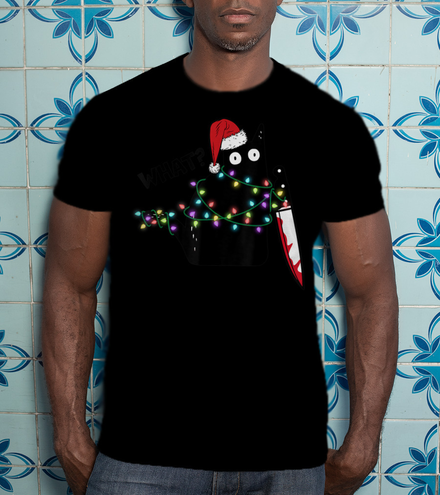 What Cat Wrapped In Xmas Lights Holding Knife Wearing Santa Hat T-Shirt