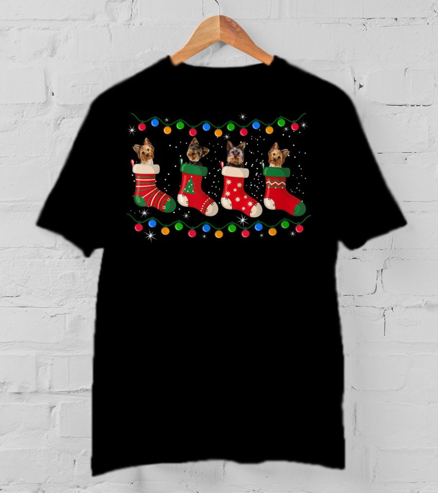 Yorkie Stockings With Christmas Lights And Funny T-Shirt