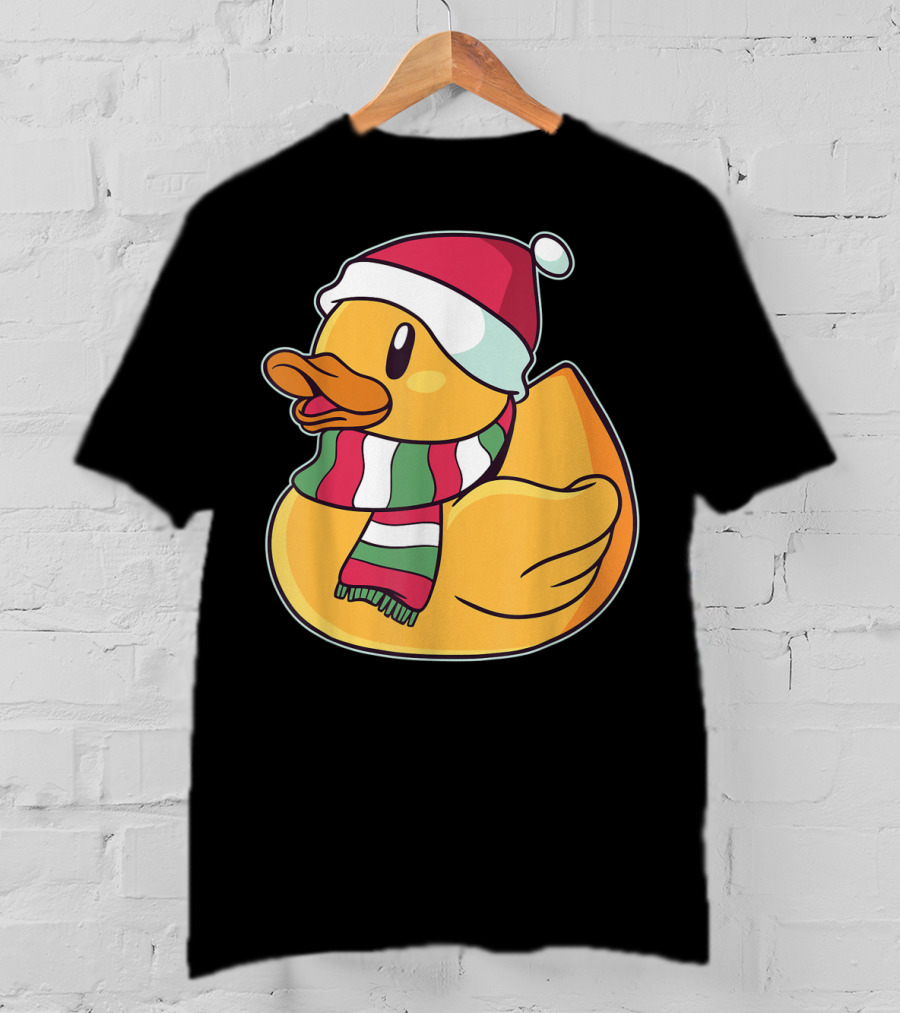 Xmas Rubber Ducky Duckie Duck With Santa Hat And Scarf T-Shirt