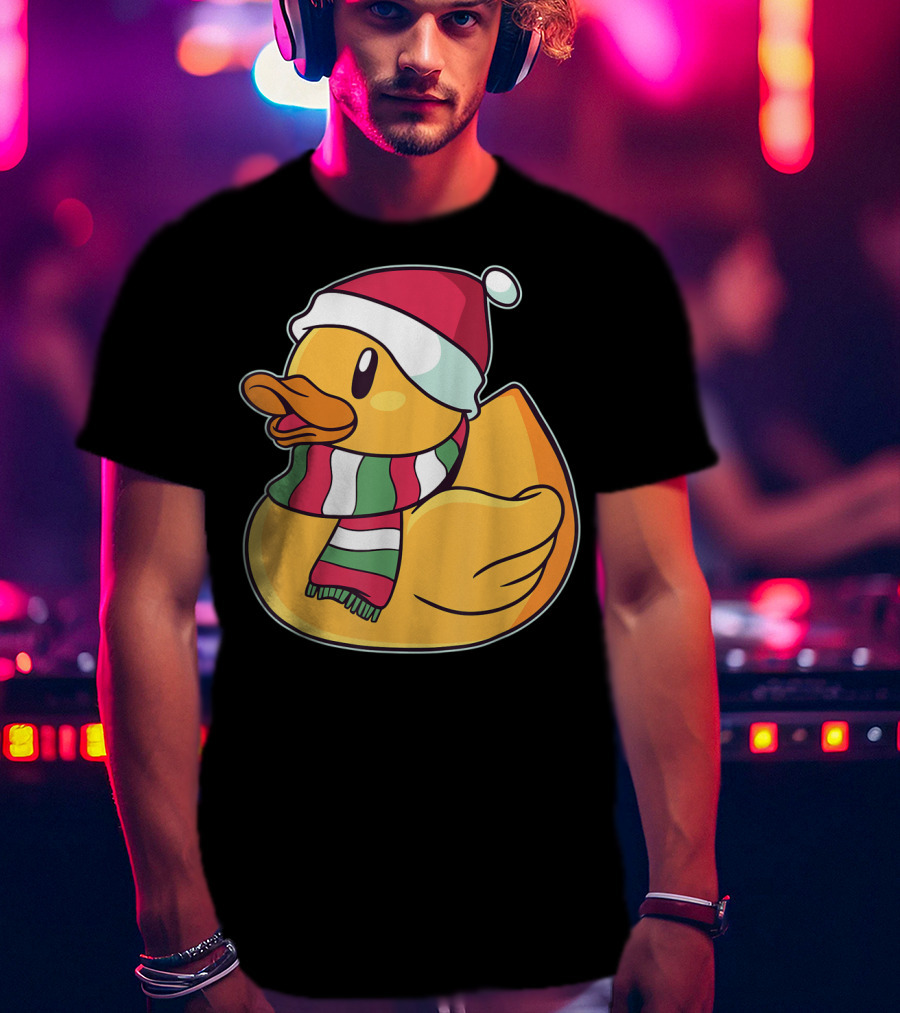 Xmas Rubber Ducky Duckie Duck With Santa Hat And Scarf T-Shirt