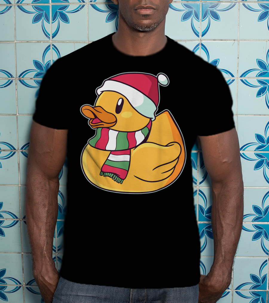 Xmas Rubber Ducky Duckie Duck With Santa Hat And Scarf T-Shirt
