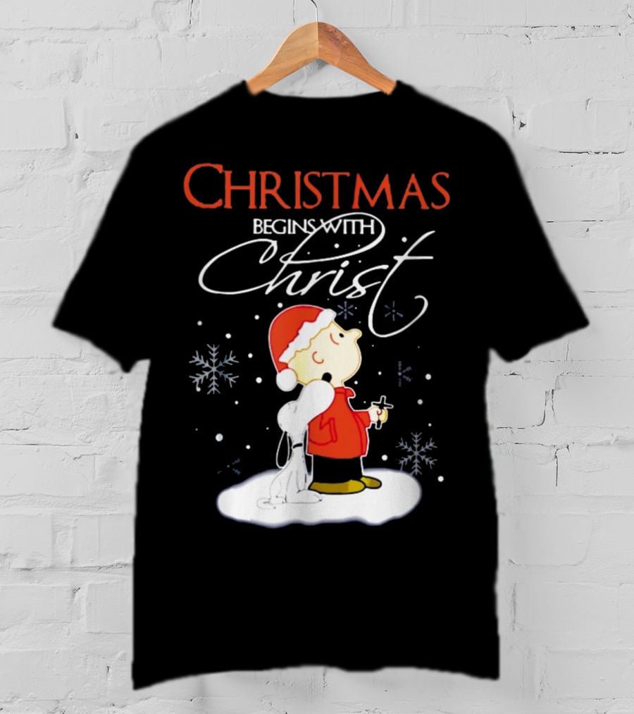 Christmas Begins With Christ Xmas Holiday Boy And Dog With Snowflakes T-Shirt