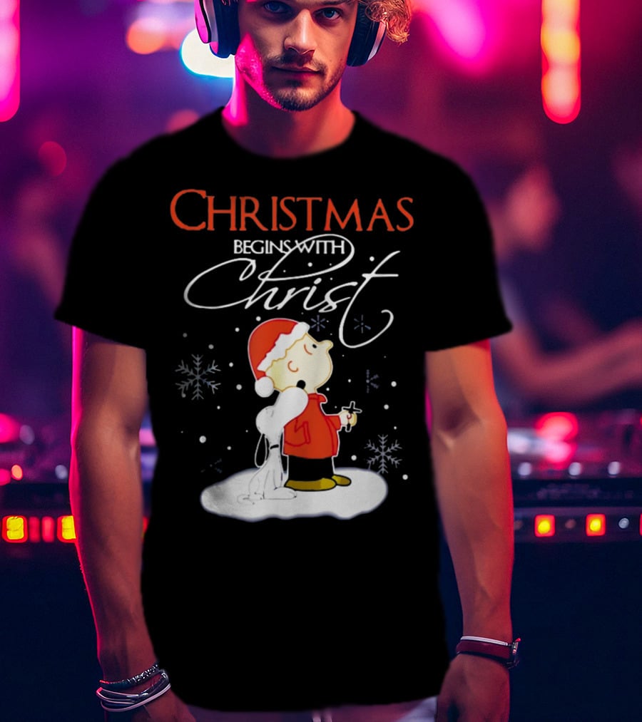 Christmas Begins With Christ Xmas Holiday Boy And Dog With Snowflakes T-Shirt