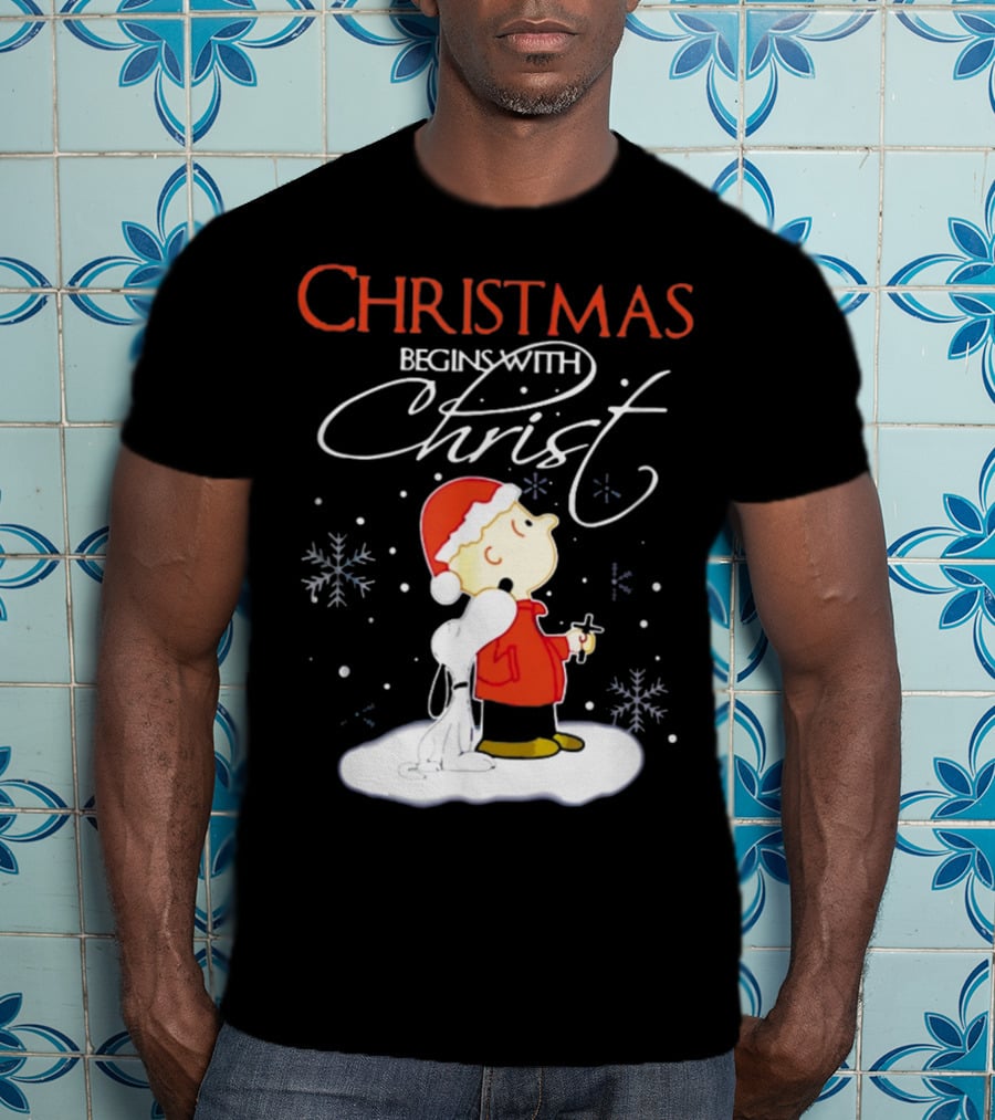 Christmas Begins With Christ Xmas Holiday Boy And Dog With Snowflakes T-Shirt