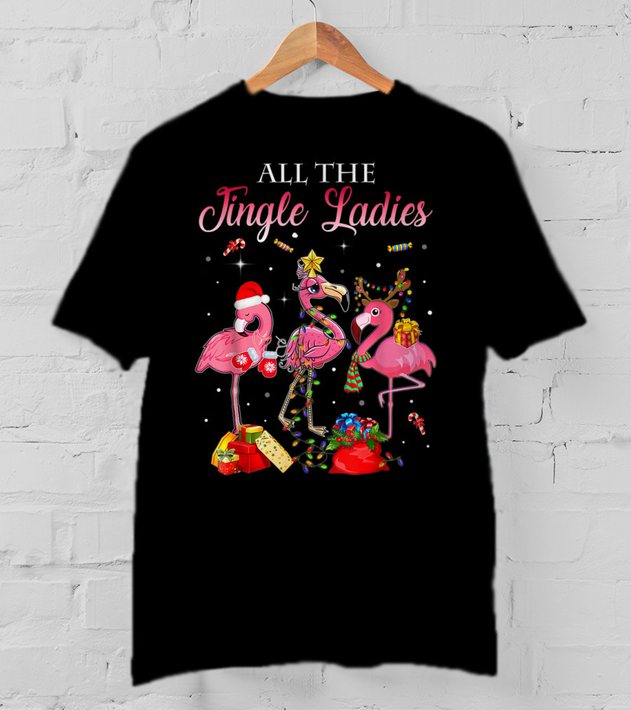 All The Jingle Ladies Christmas Pink Flamingo Santa Hats Presents Lights T-Shirt